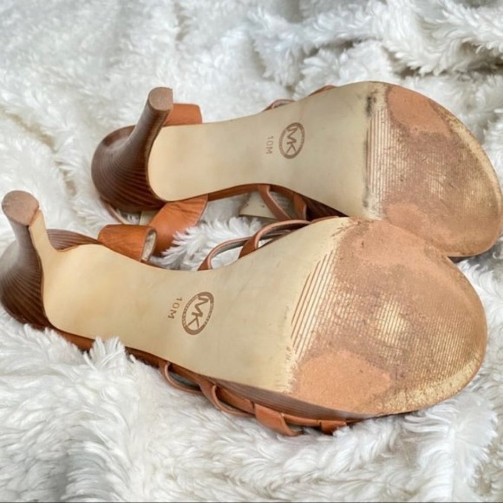 Michael Kors Tan Leather Platform Heels Strappy Sandals Size 10 - Picture 11 of 16